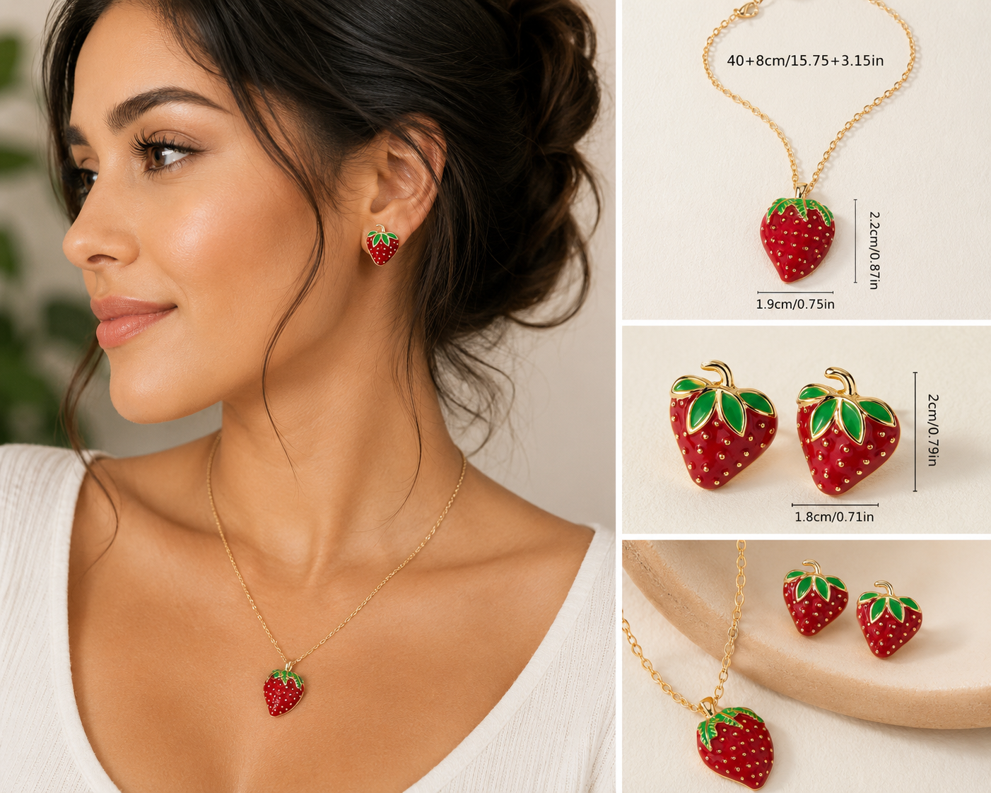 Sweet Strawberry Necklace and Stud Earrings Set worn by model