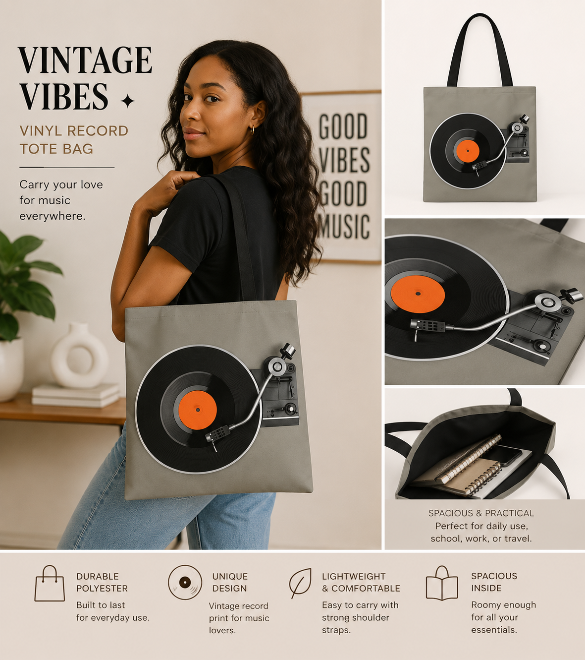 Vintage Vinyl Record Design Tote Bag