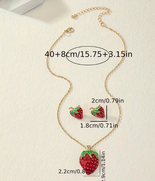 Strawberry necklace and earrings set with measurements