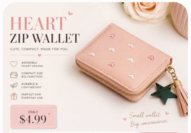 Chic Heart & Star Embroidered Tassel Wallet - Pink